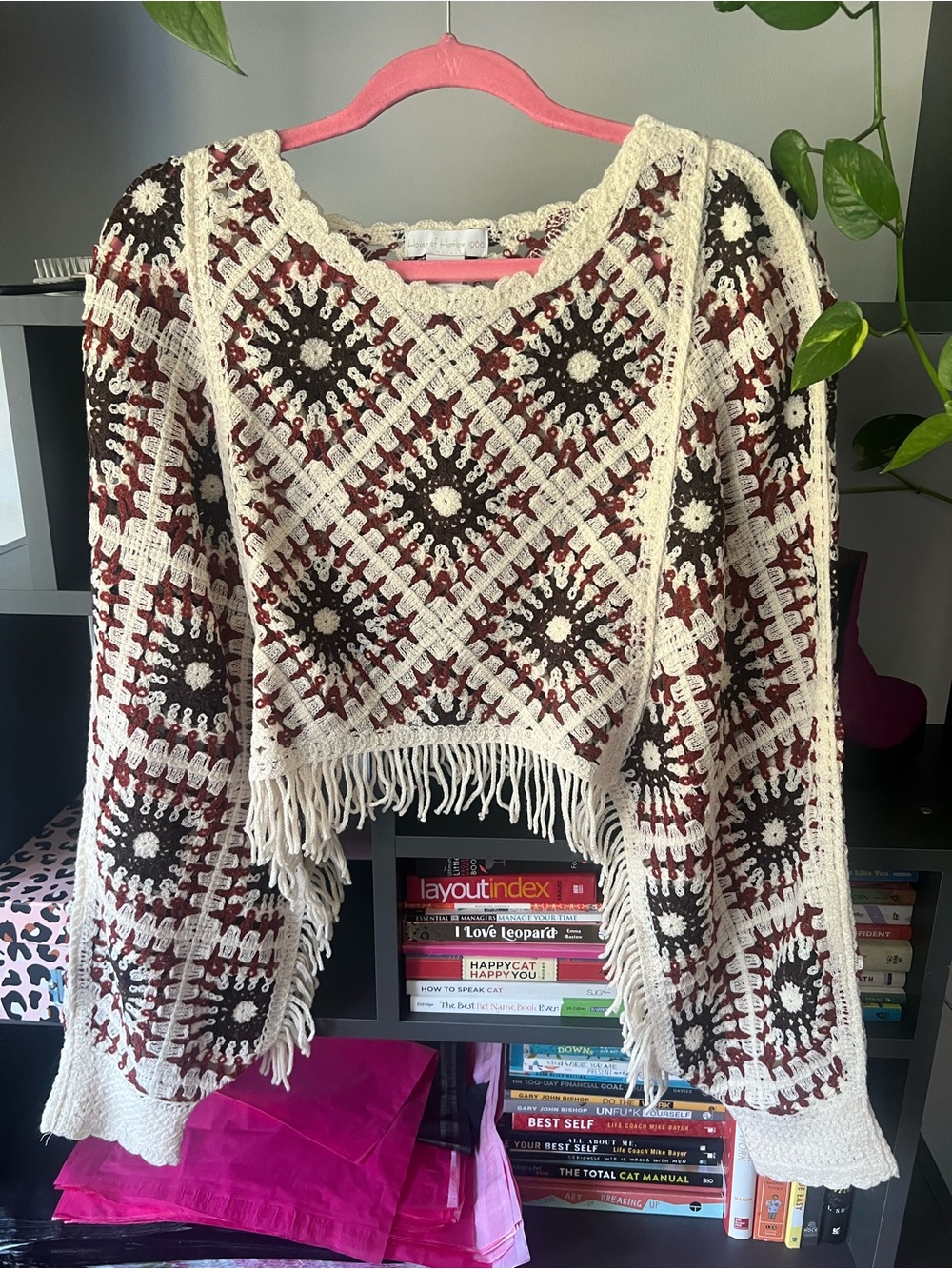House of Harlow Crochet Sweater Poncho with Fringe